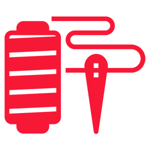 Red thread spool and needle icon.