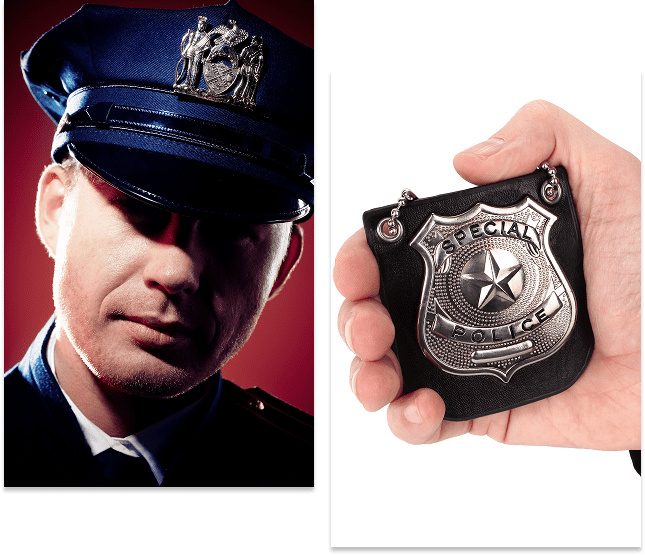 Police officer wearing a hat with badge.