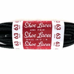 Black shoe laces with red and white packaging labeled 'Shoe Laces, Fine Plain, 63'.