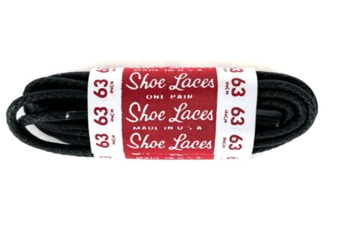 Black shoe laces with red and white packaging labeled 'Shoe Laces, Fine Plain, 63'.