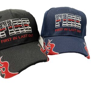 Two baseball caps with patriotic USA flag designs and 'First in Last Out' text.