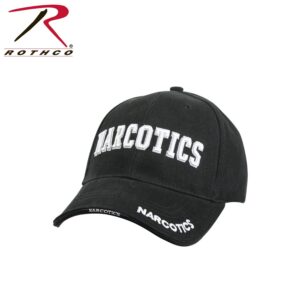 Black baseball cap with the word 'NARCOTICS' embroidered in white.