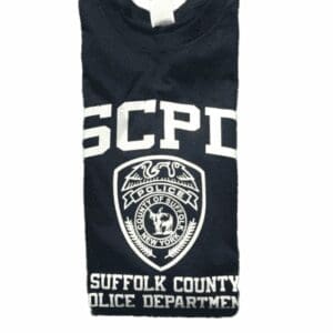 Navy blue Suffolk County Police Department T-shirt with white logo and text.