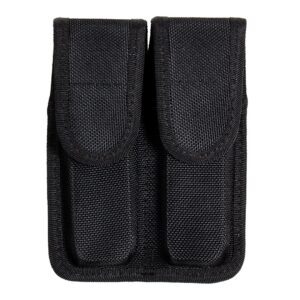 Black nylon double magazine pouch with flap closures.