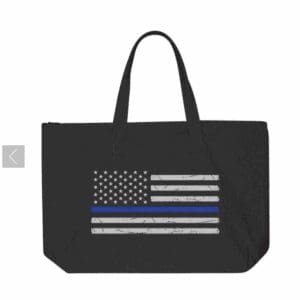 Black tote with distressed thin blue line flag