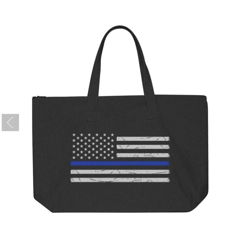 Black tote with distressed thin blue line flag