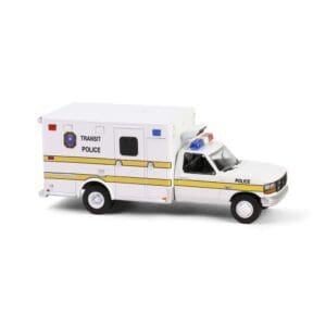 A toy ambulance model with detailed markings and a light bar.