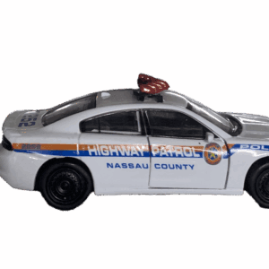 A Nassau County police car model with detailed decals and a red light on top.