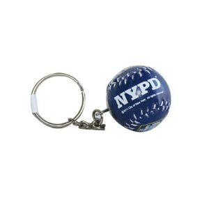 A round NYPD keychain with a blue design and metal ring.