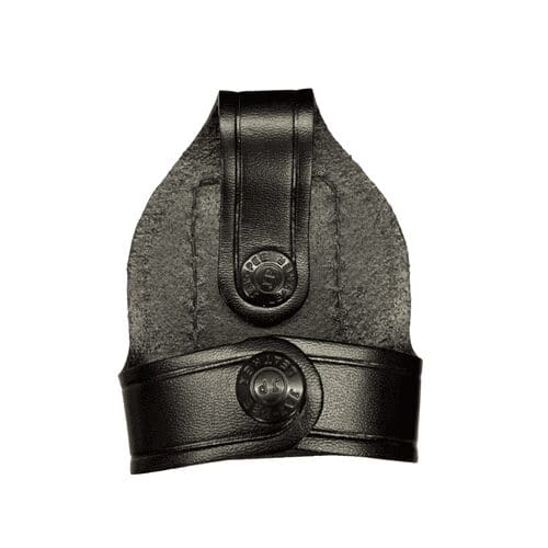 Black leather handcuff holder with snap buttons.