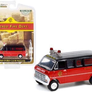 A red and white toy fire department van with packaging.
