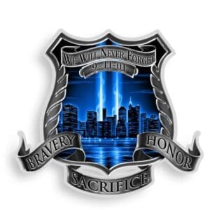 Police badge with city skyline and blue lights symbolizing honor and sacrifice.