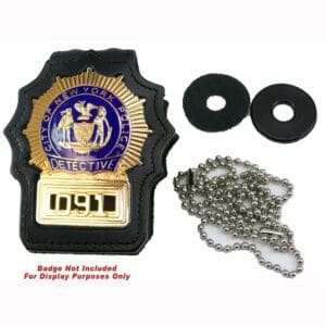 Police badge with accessories including chain and rubber rings.