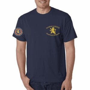 Navy blue t-shirt with golden lion crest and emblem on sleeve.