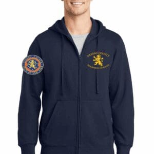 Navy blue zip-up hoodie with firefighter patches on chest and sleeve.